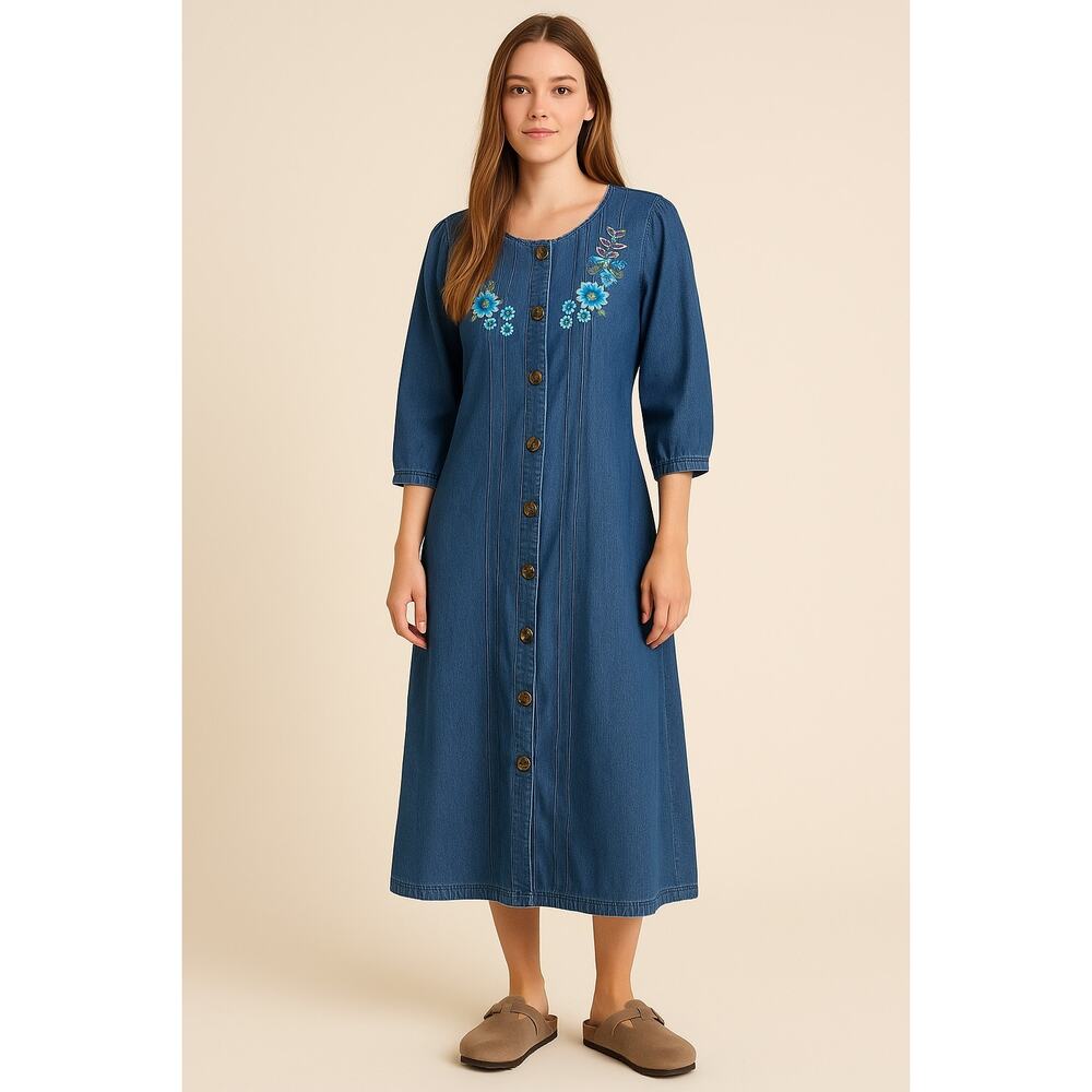 Blair Blue Denim Midi Dress with Blue Floral Embroidery